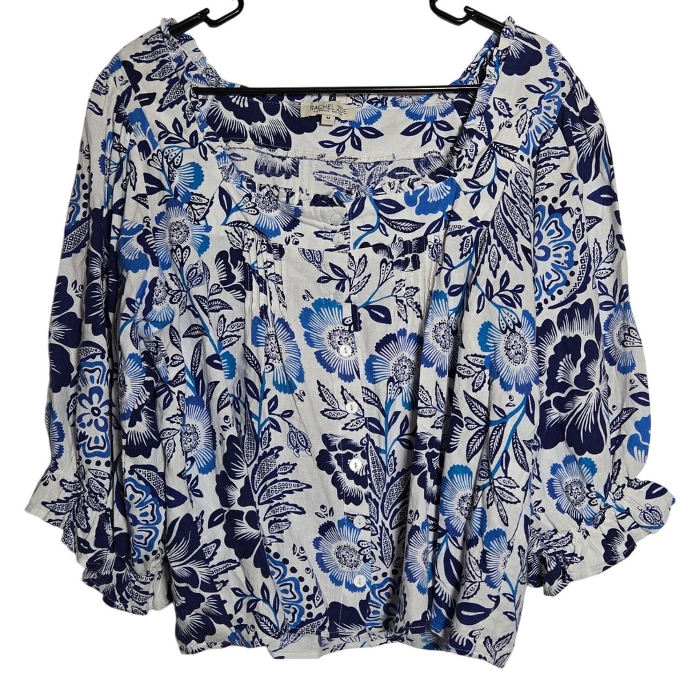 Rachel Zoe Floral Linen Blend Button Puff Sleeve Top Medium Coastal Boho Resort